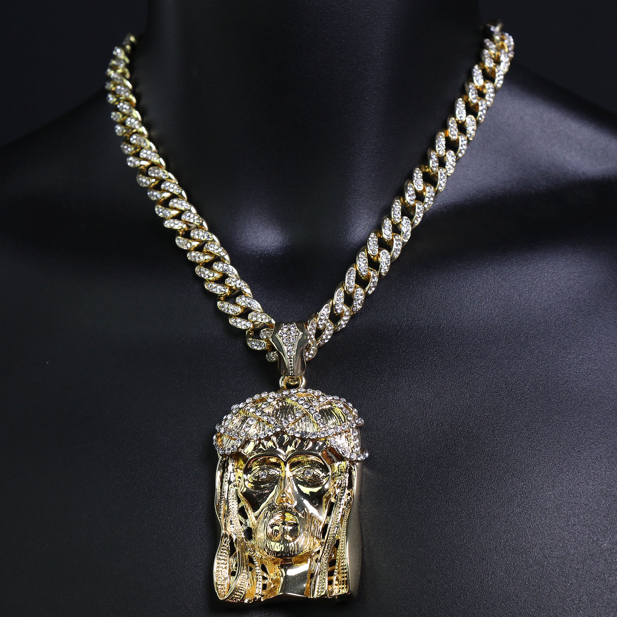 Gold Jesus Face Pendant & Iced Cuban Chain – Large Hip Hop Necklace 18"-24"