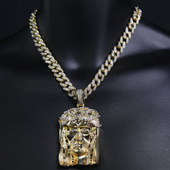 Gold Jesus Face Pendant & Iced Cuban Chain – Large Hip Hop Necklace 18"-24"