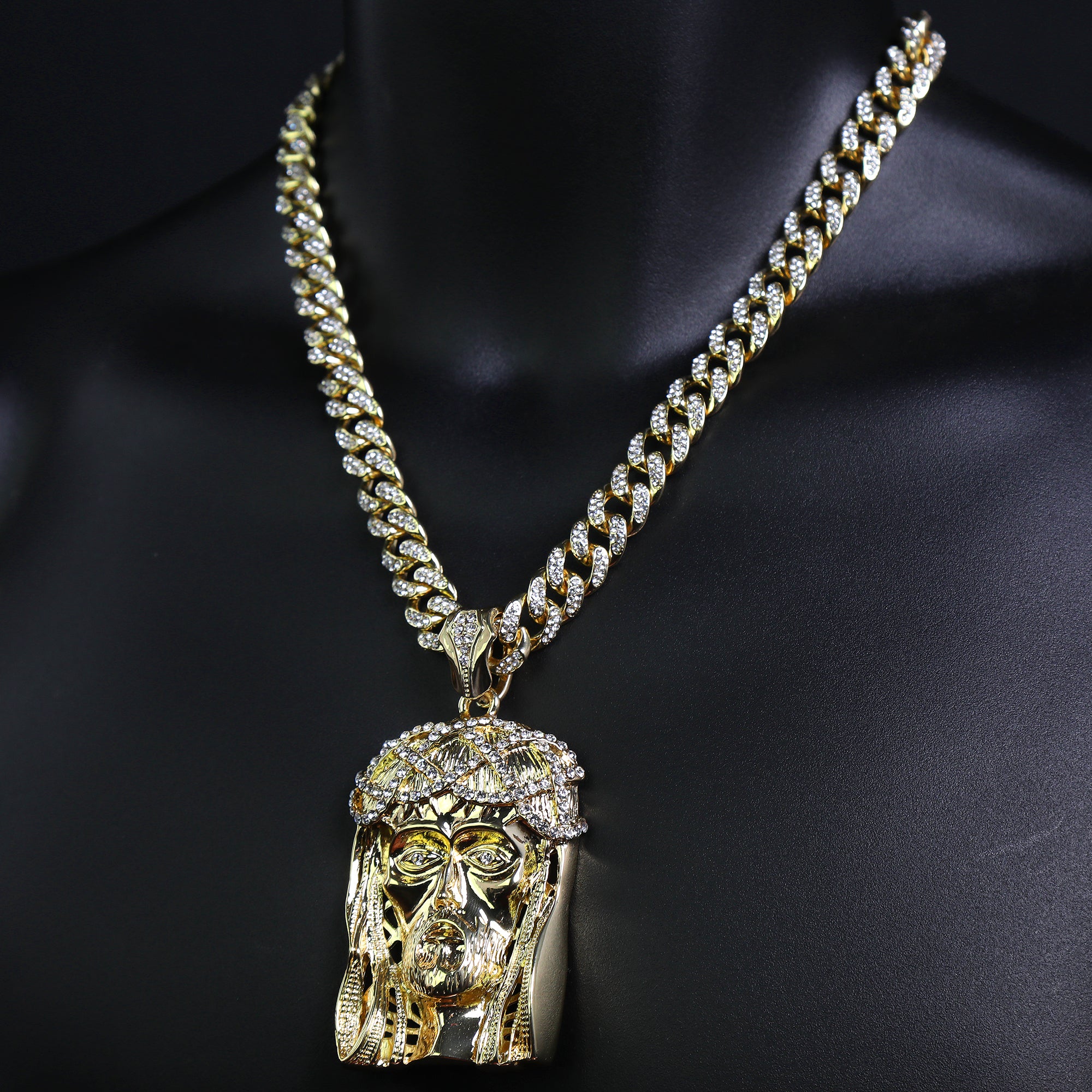 Gold Jesus Face Pendant & Iced Cuban Chain – Large Hip Hop Necklace 18"-24"