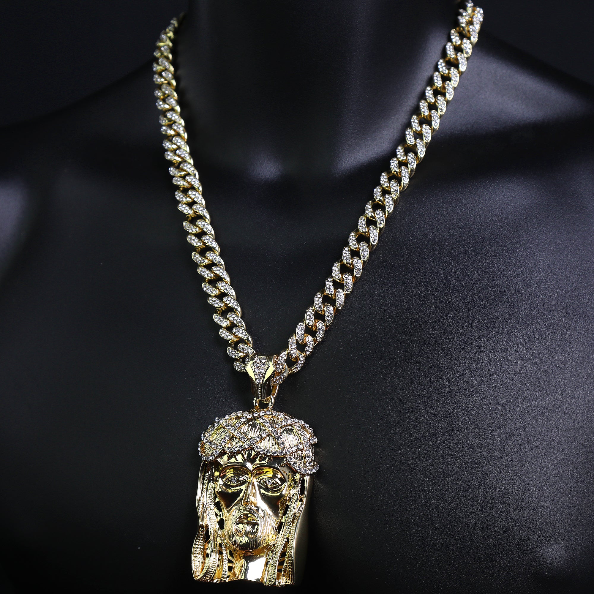 Gold Jesus Face Pendant & Iced Cuban Chain – Large Hip Hop Necklace 18"-24"