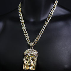 Gold Jesus Face Pendant & Iced Cuban Chain – Large Hip Hop Necklace 18"-24"