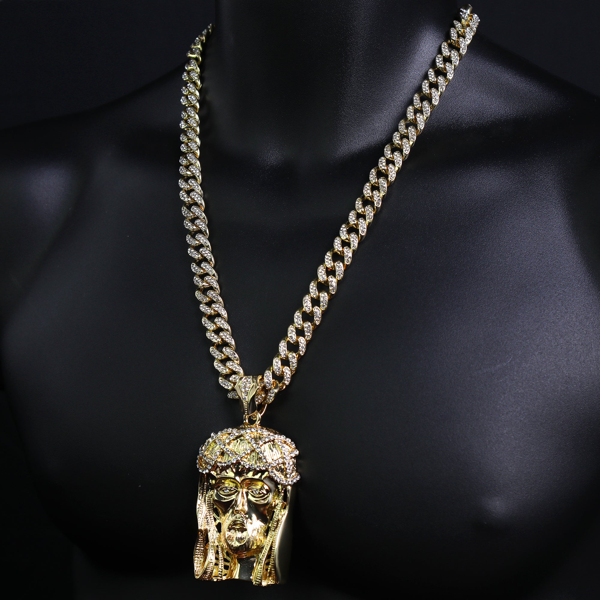 Gold Jesus Face Pendant & Iced Cuban Chain – Large Hip Hop Necklace 18"-24"