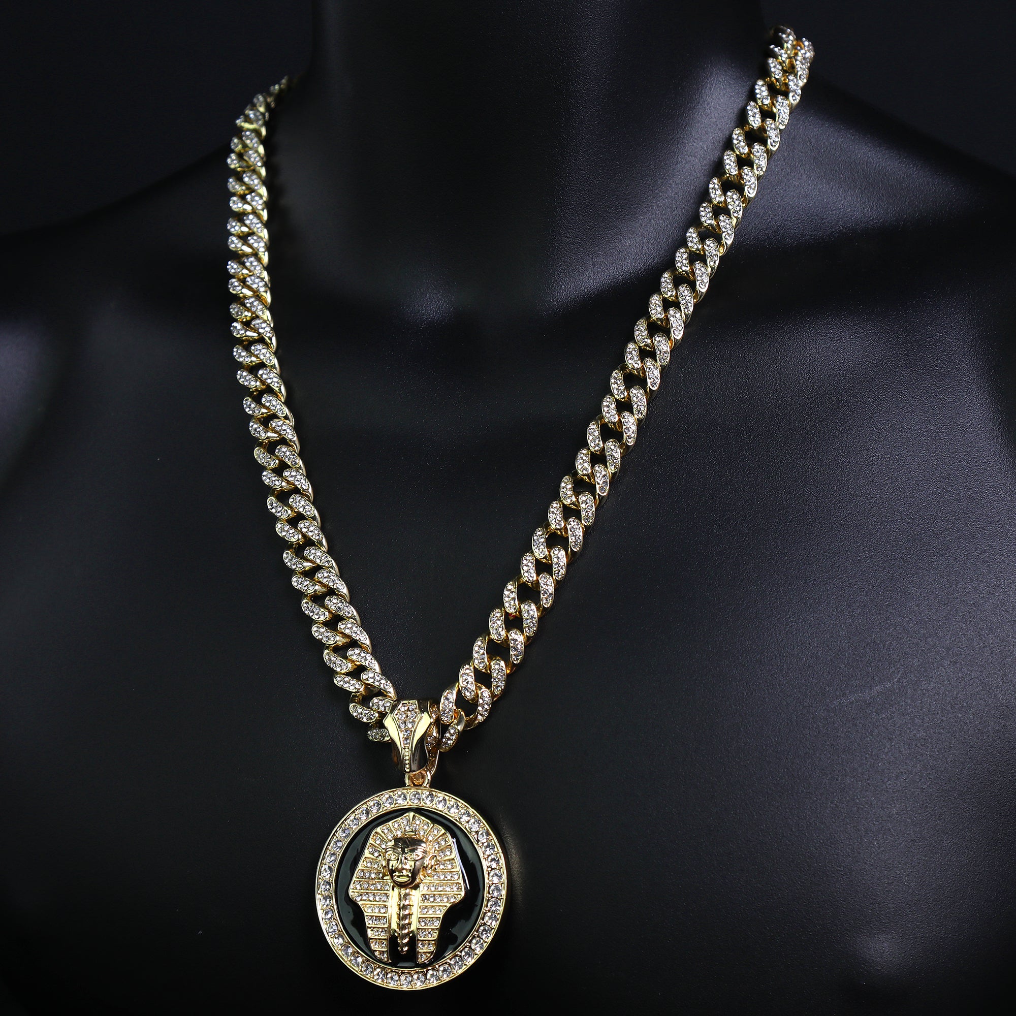 Pharaoh Medallion Pendant & Iced Cuban Chain – Hip Hop CZ Necklace 18"-24"