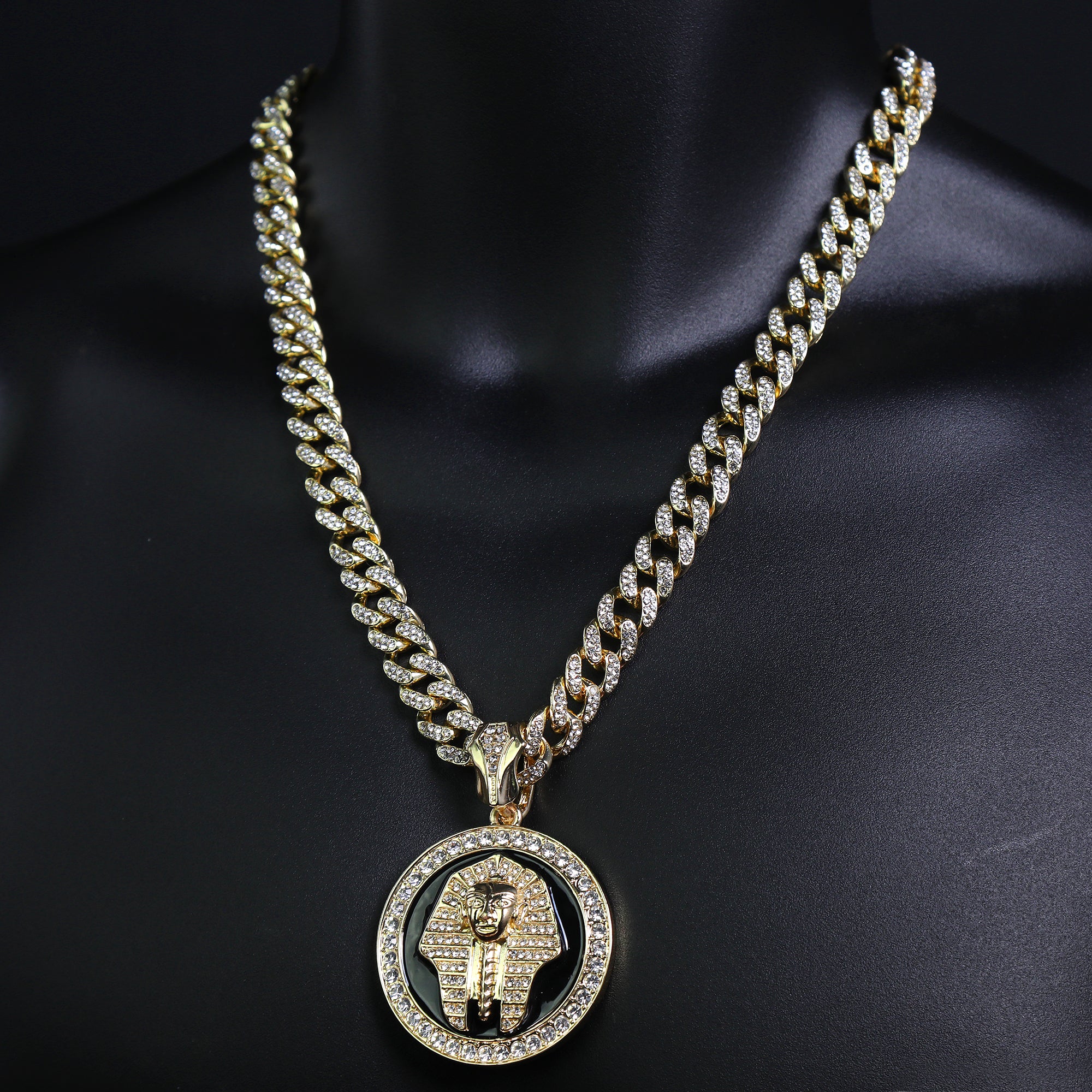 Pharaoh Medallion Pendant & Iced Cuban Chain – Hip Hop CZ Necklace 18"-24"