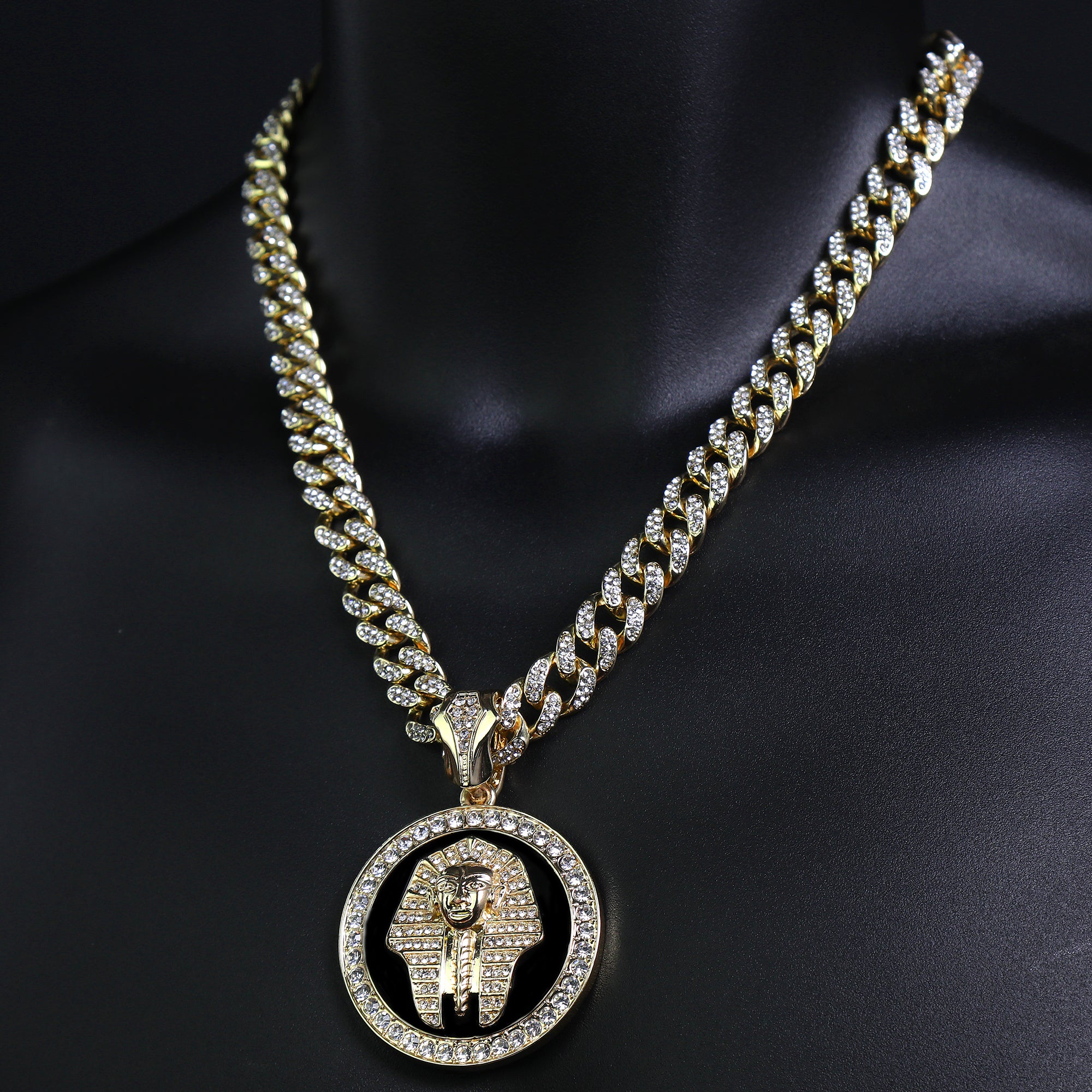 Pharaoh Medallion Pendant & Iced Cuban Chain – Hip Hop CZ Necklace 18"-24"