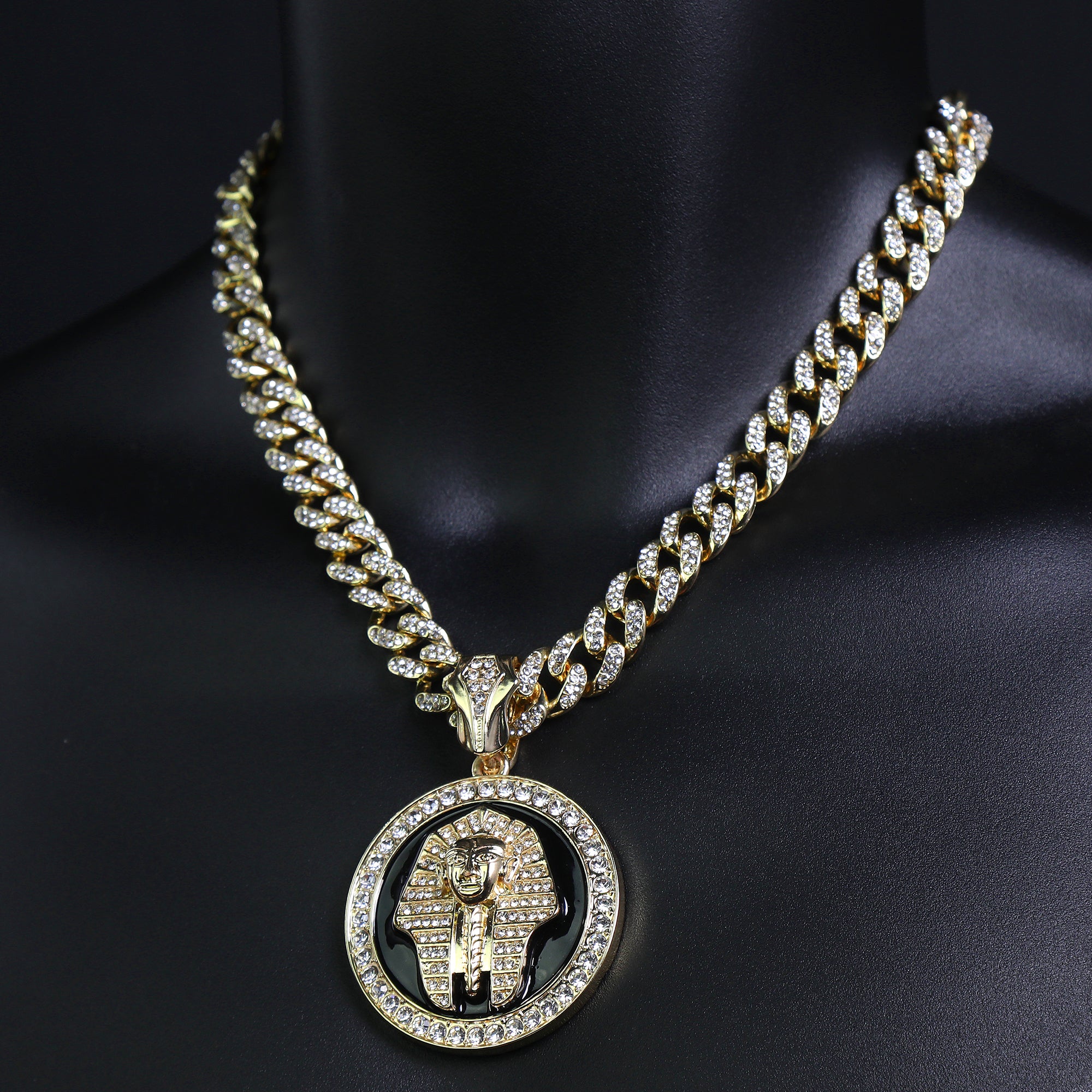 Pharaoh Medallion Pendant & Iced Cuban Chain – Hip Hop CZ Necklace 18"-24"