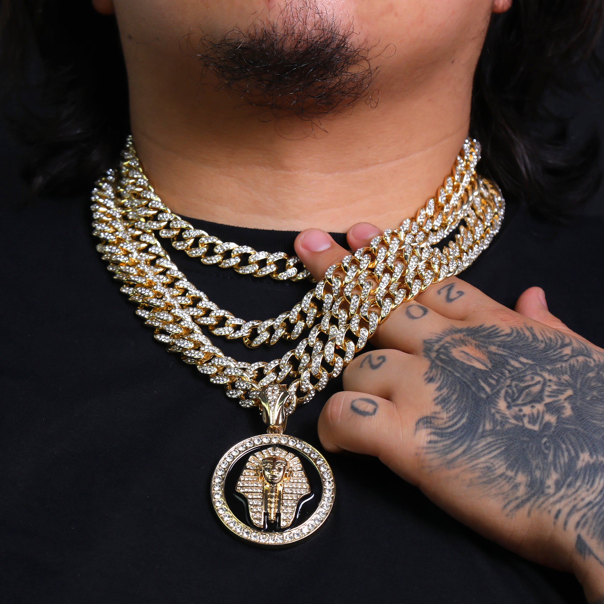 Pharaoh Medallion Pendant & Iced Cuban Chain – Hip Hop CZ Necklace 18"-24"