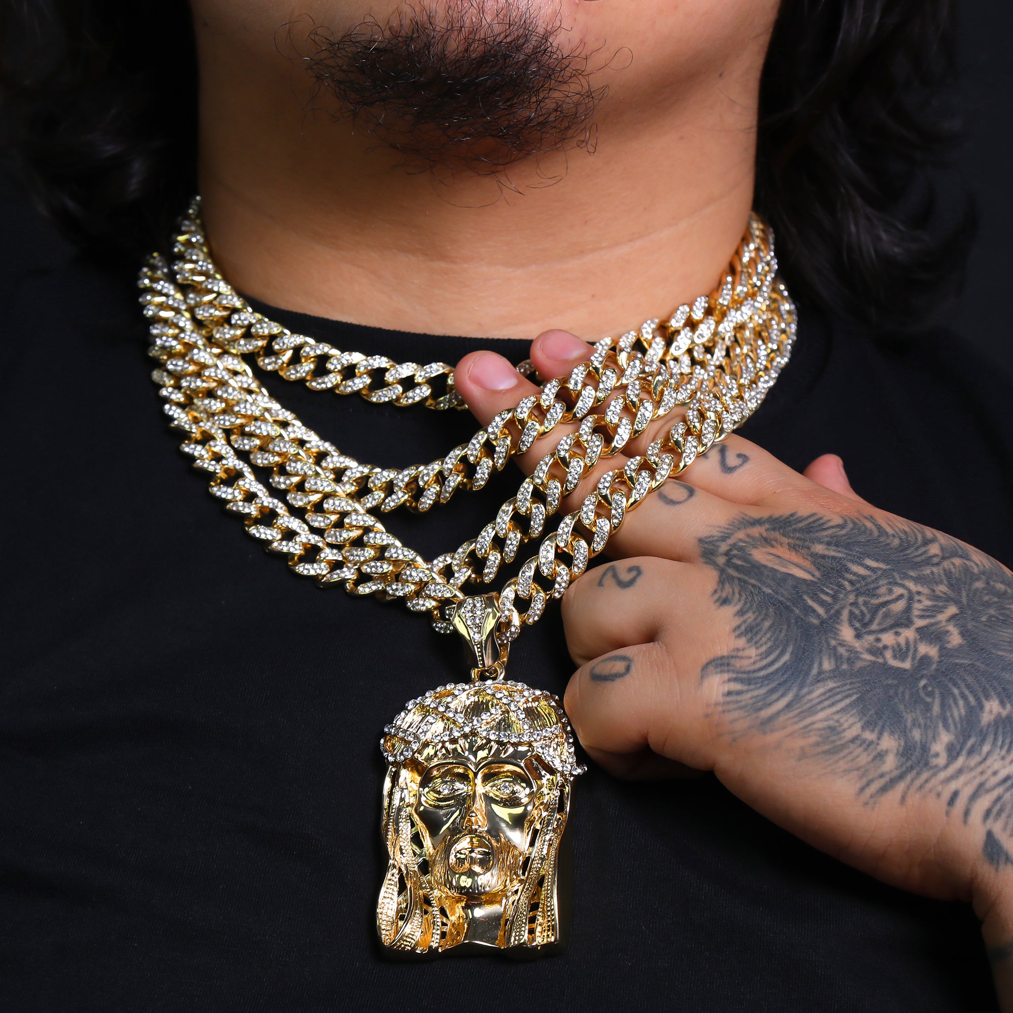 Gold Jesus Face Pendant & Iced Cuban Chain – Large Hip Hop Necklace 18"-24"