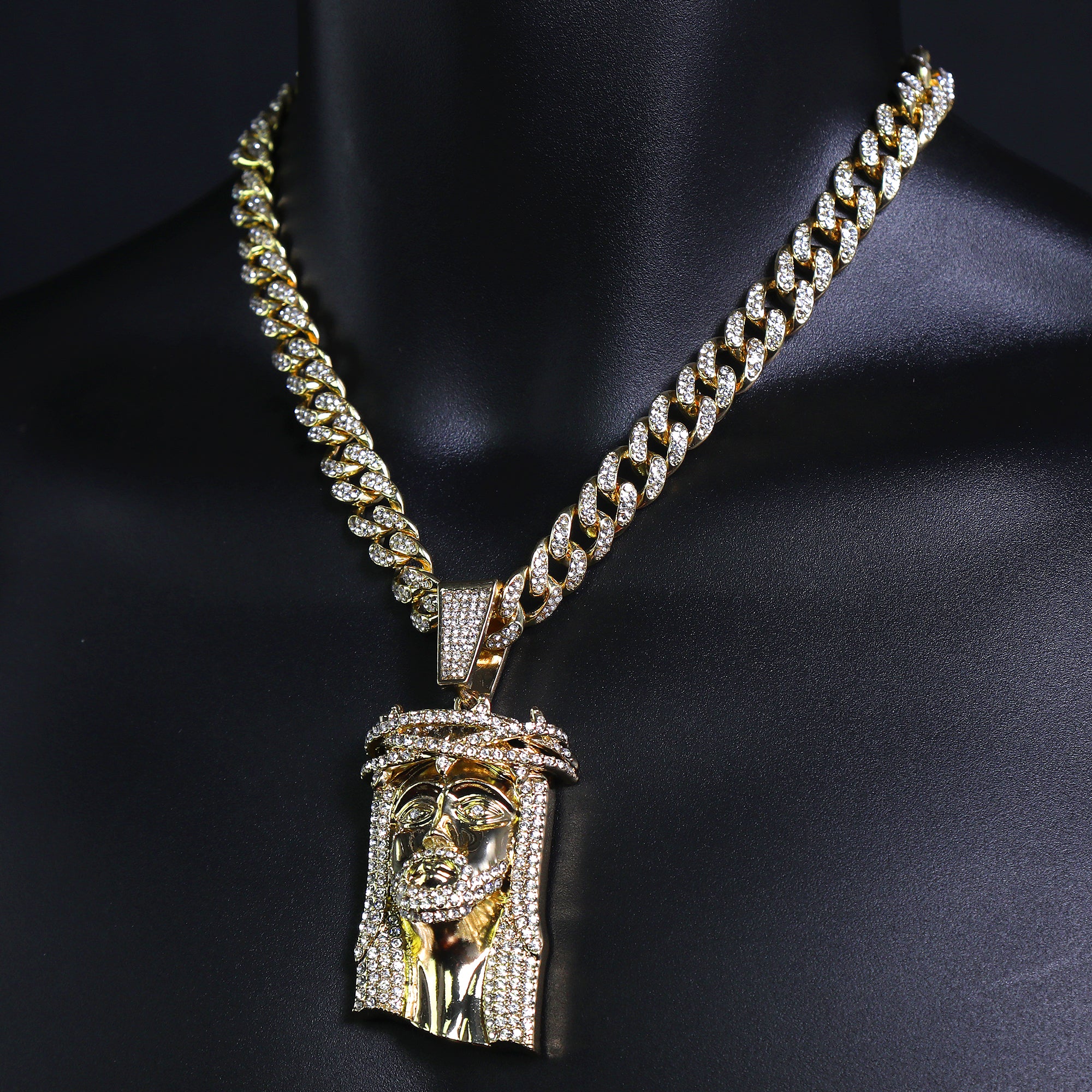 Thorn Crowned Jesus Pendant & Iced Cuban Chain – Hip Hop Bling Necklace 18"-24"