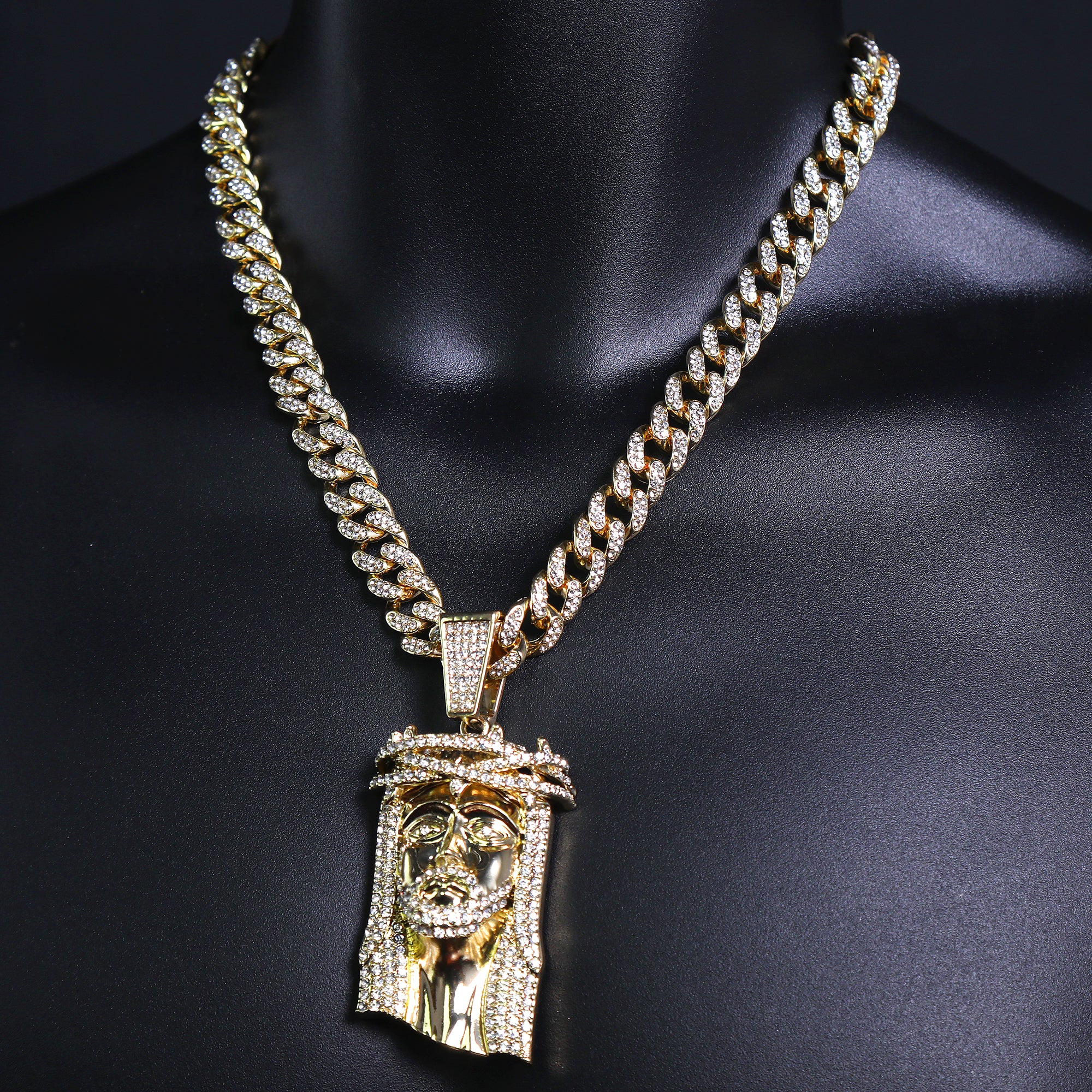 Thorn Crowned Jesus Pendant & Iced Cuban Chain – Hip Hop Bling Necklace 18"-24"
