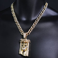 Thorn Crowned Jesus Pendant & Iced Cuban Chain – Hip Hop Bling Necklace 18"-24"