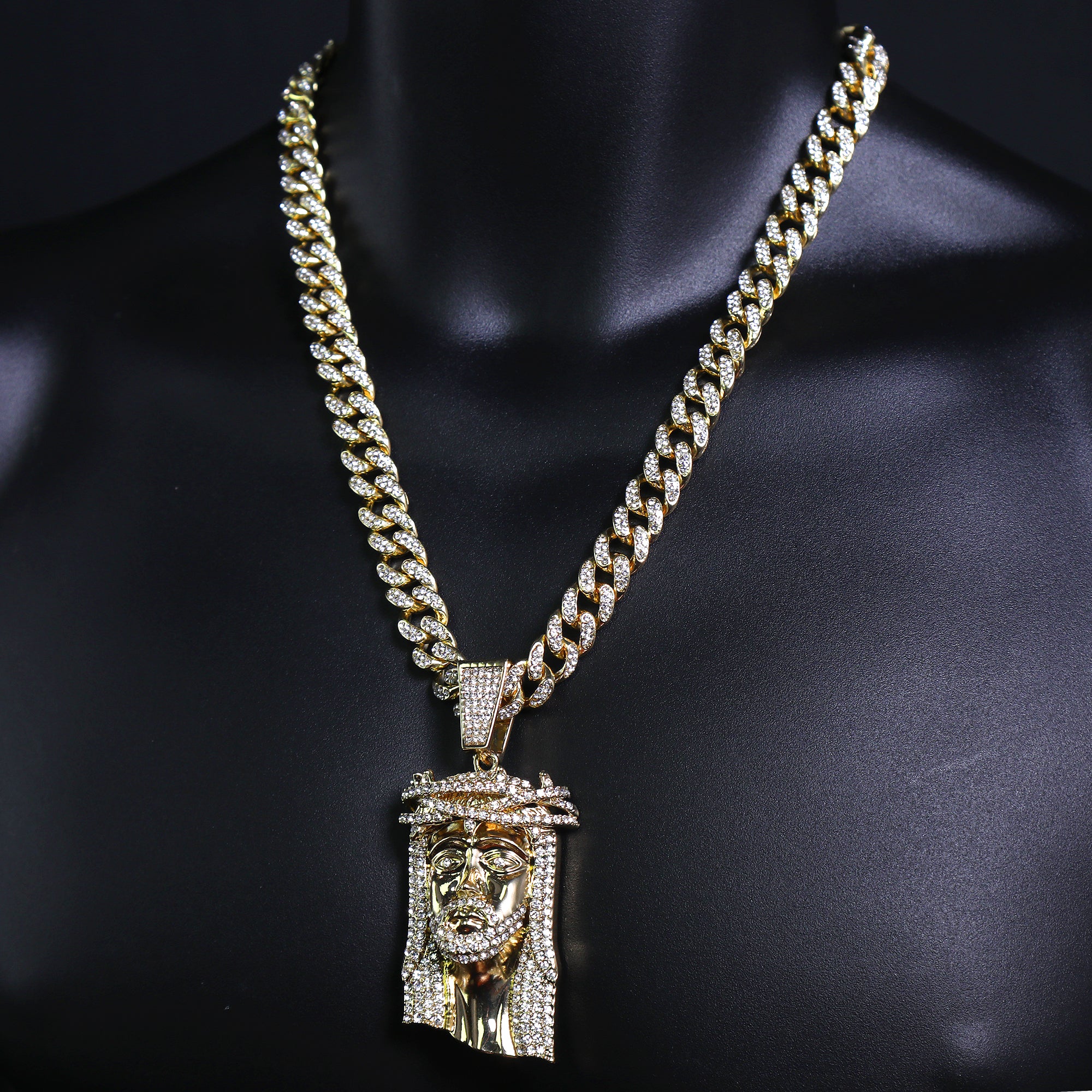 Thorn Crowned Jesus Pendant & Iced Cuban Chain – Hip Hop Bling Necklace 18"-24"