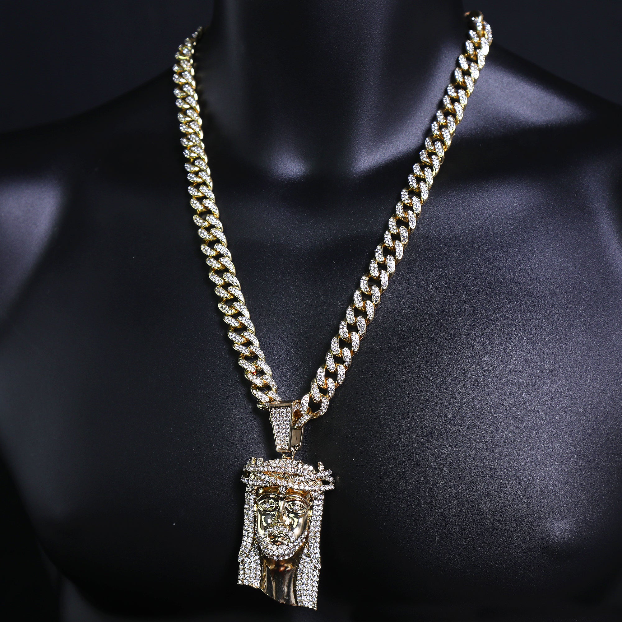 Thorn Crowned Jesus Pendant & Iced Cuban Chain – Hip Hop Bling Necklace 18"-24"
