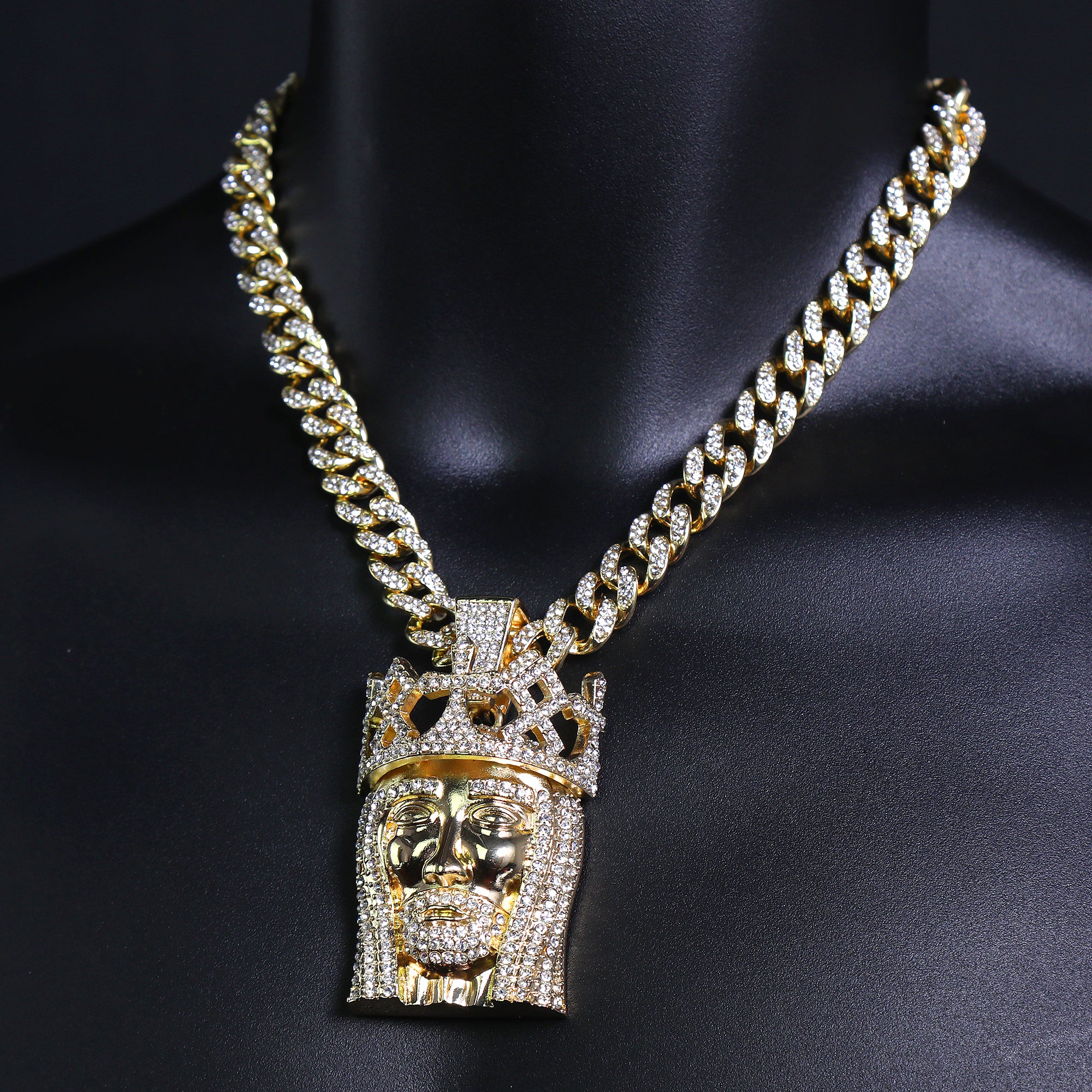 Royal Crown Jesus Pendant & Iced Cuban Chain – Large Hip Hop Necklace 18"-24"