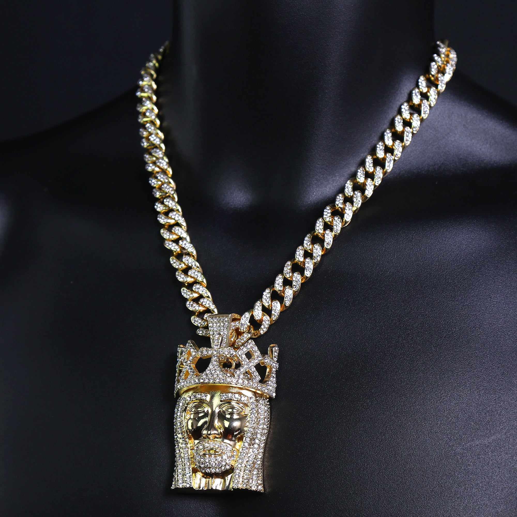 Royal Crown Jesus Pendant & Iced Cuban Chain – Large Hip Hop Necklace 18"-24"