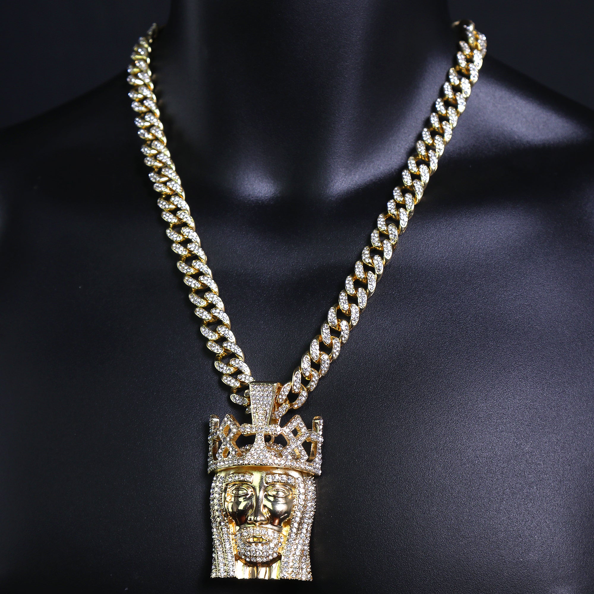 Royal Crown Jesus Pendant & Iced Cuban Chain – Large Hip Hop Necklace 18"-24"