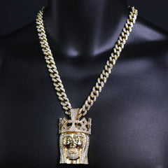 Royal Crown Jesus Pendant & Iced Cuban Chain – Large Hip Hop Necklace 18"-24"