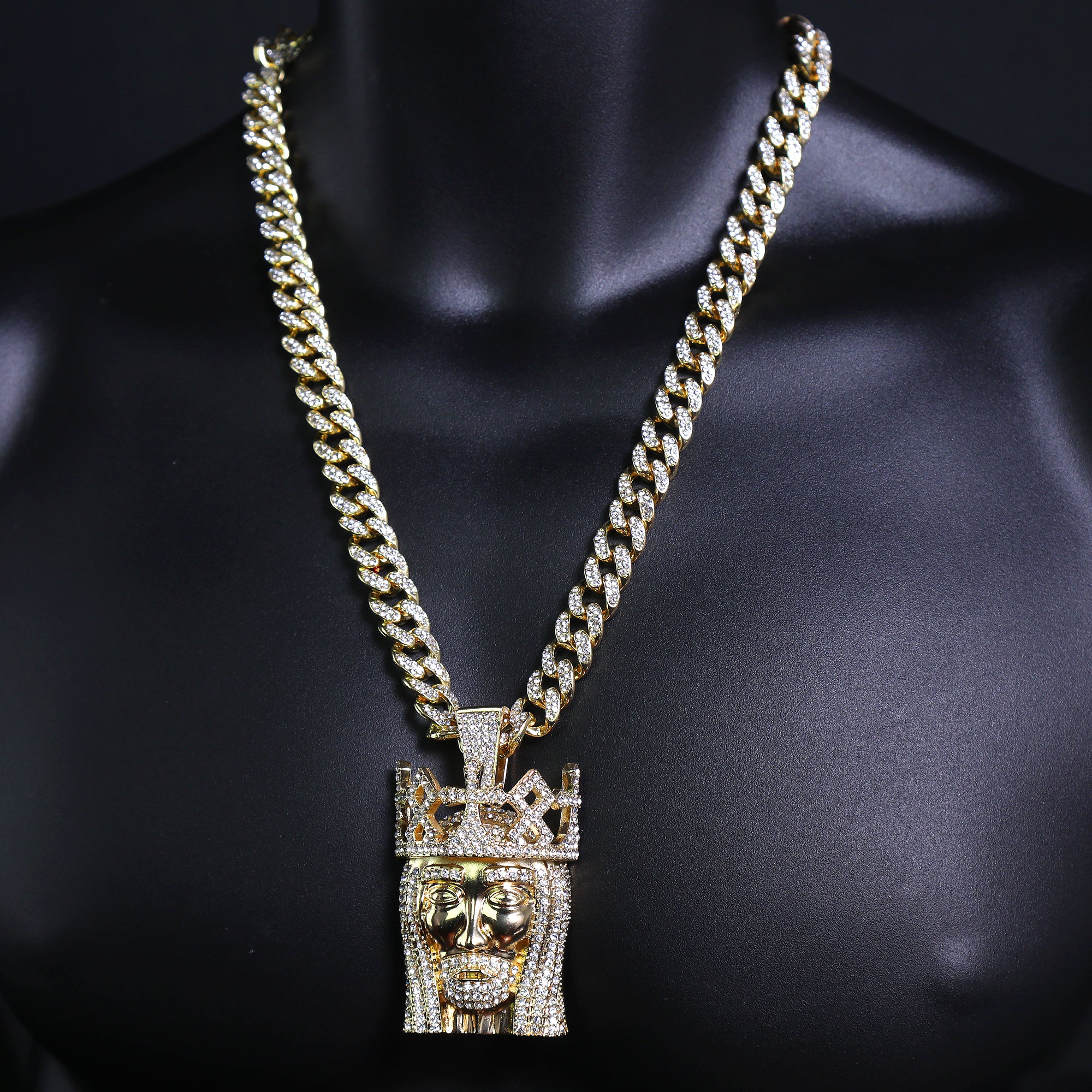 Royal Crown Jesus Pendant & Iced Cuban Chain – Large Hip Hop Necklace 18"-24"
