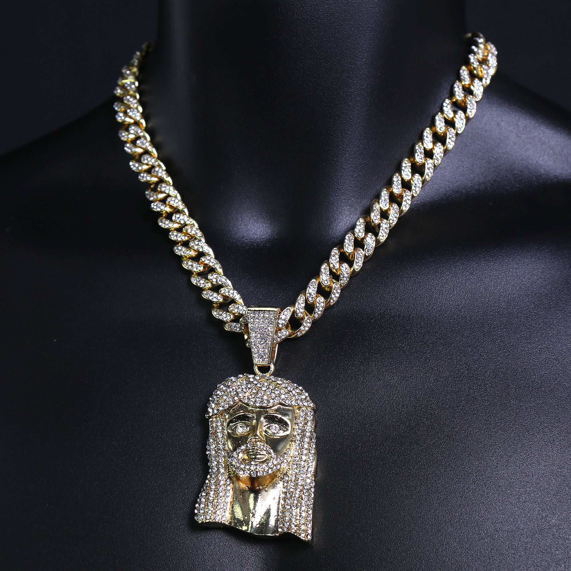 Peace Jesus Face Pendant & Iced Cuban Chain – Hip Hop Bling Necklace
