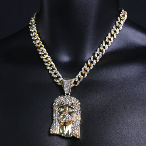 Peace Jesus Face Pendant & Iced Cuban Chain – Hip Hop Bling Necklace