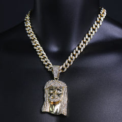 Peace Jesus Face Pendant & Iced Cuban Chain – Hip Hop Bling Necklace