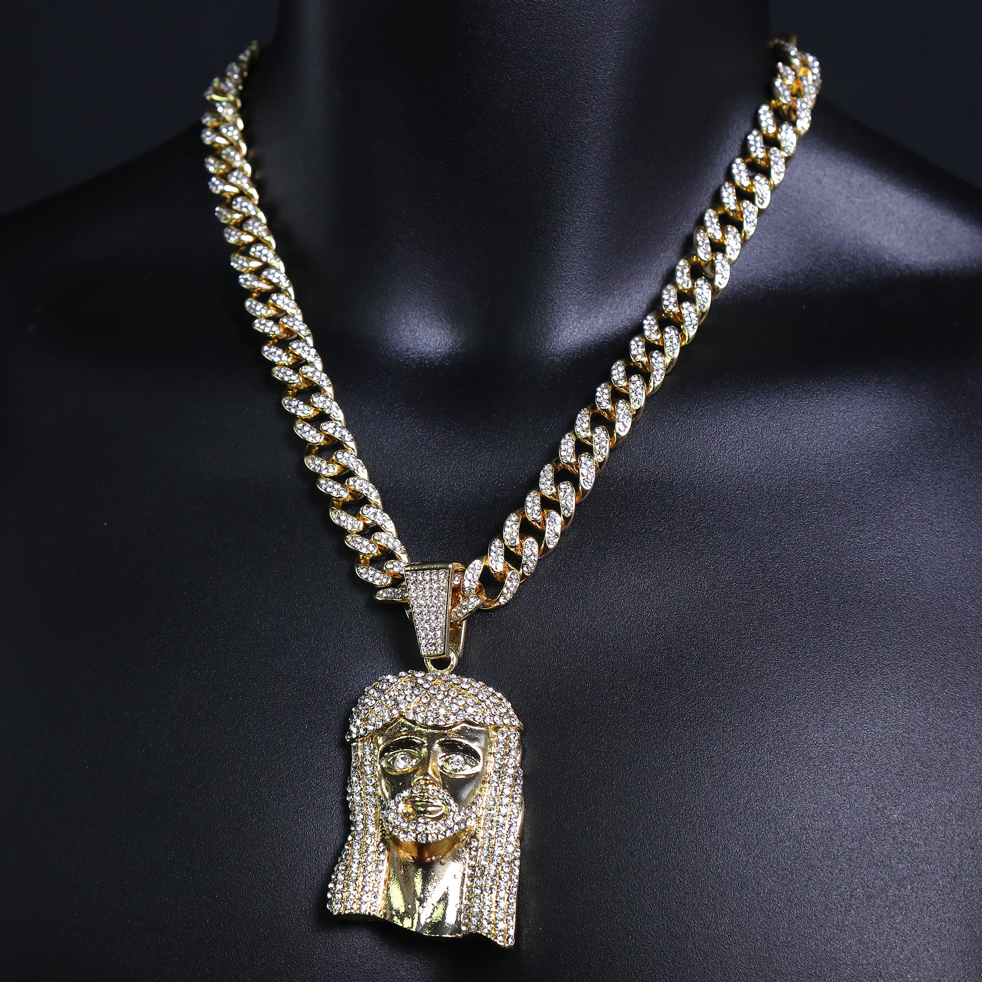 Peace Jesus Face Pendant & Iced Cuban Chain – Hip Hop Bling Necklace