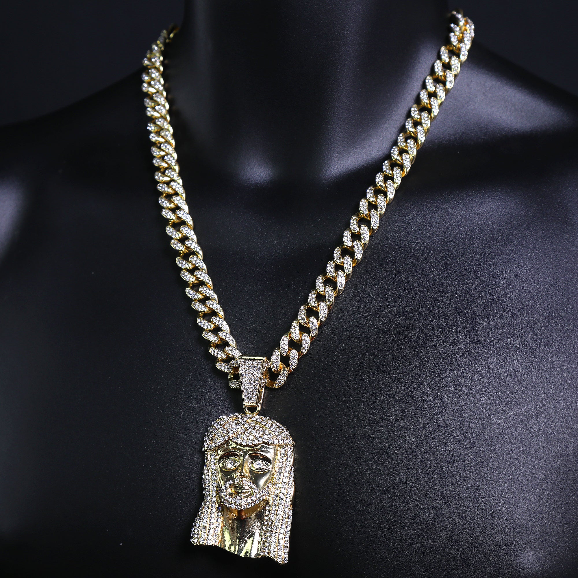 Peace Jesus Face Pendant & Iced Cuban Chain – Hip Hop Bling Necklace