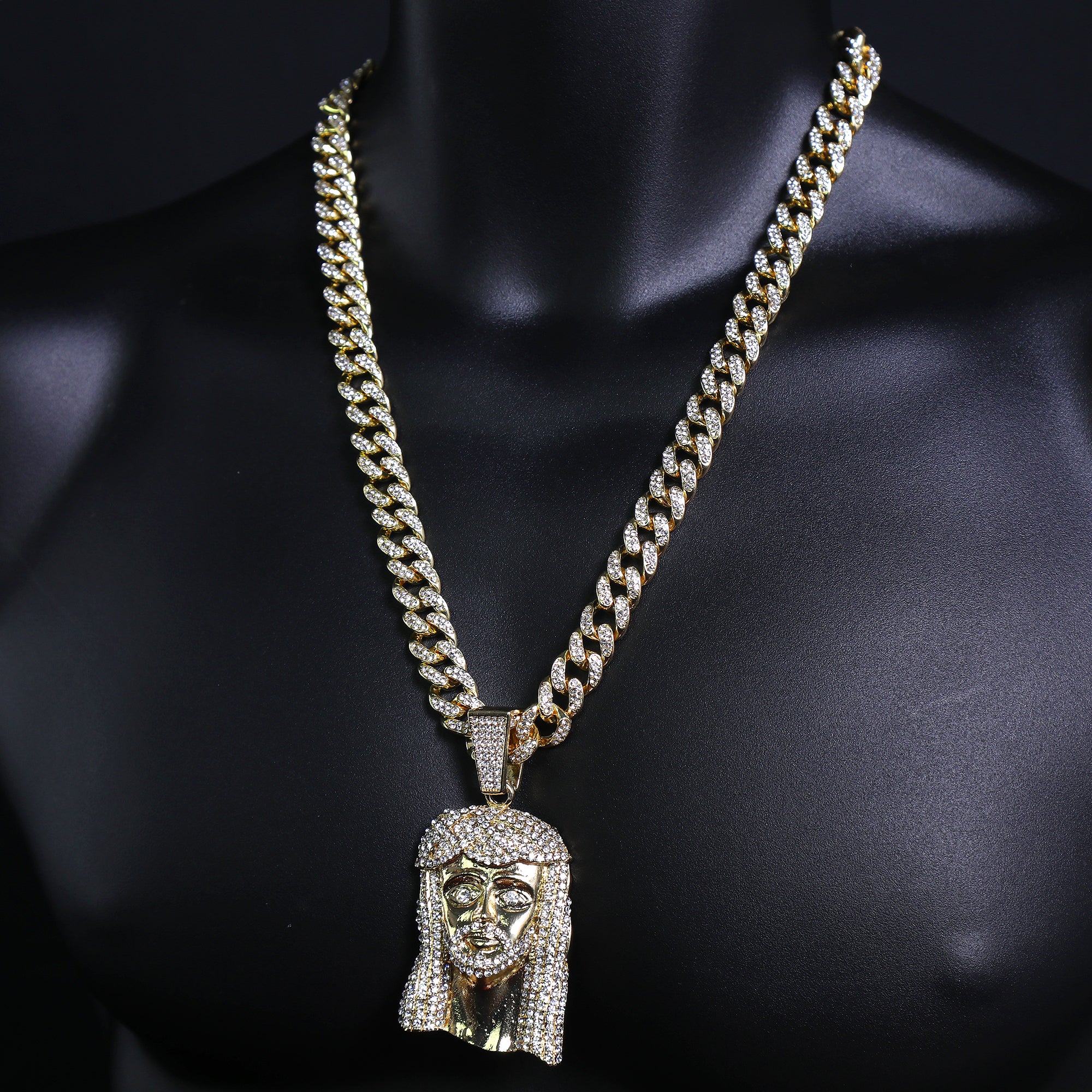 Peace Jesus Face Pendant & Iced Cuban Chain – Hip Hop Bling Necklace
