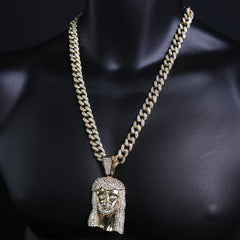 Peace Jesus Face Pendant & Iced Cuban Chain – Hip Hop Bling Necklace