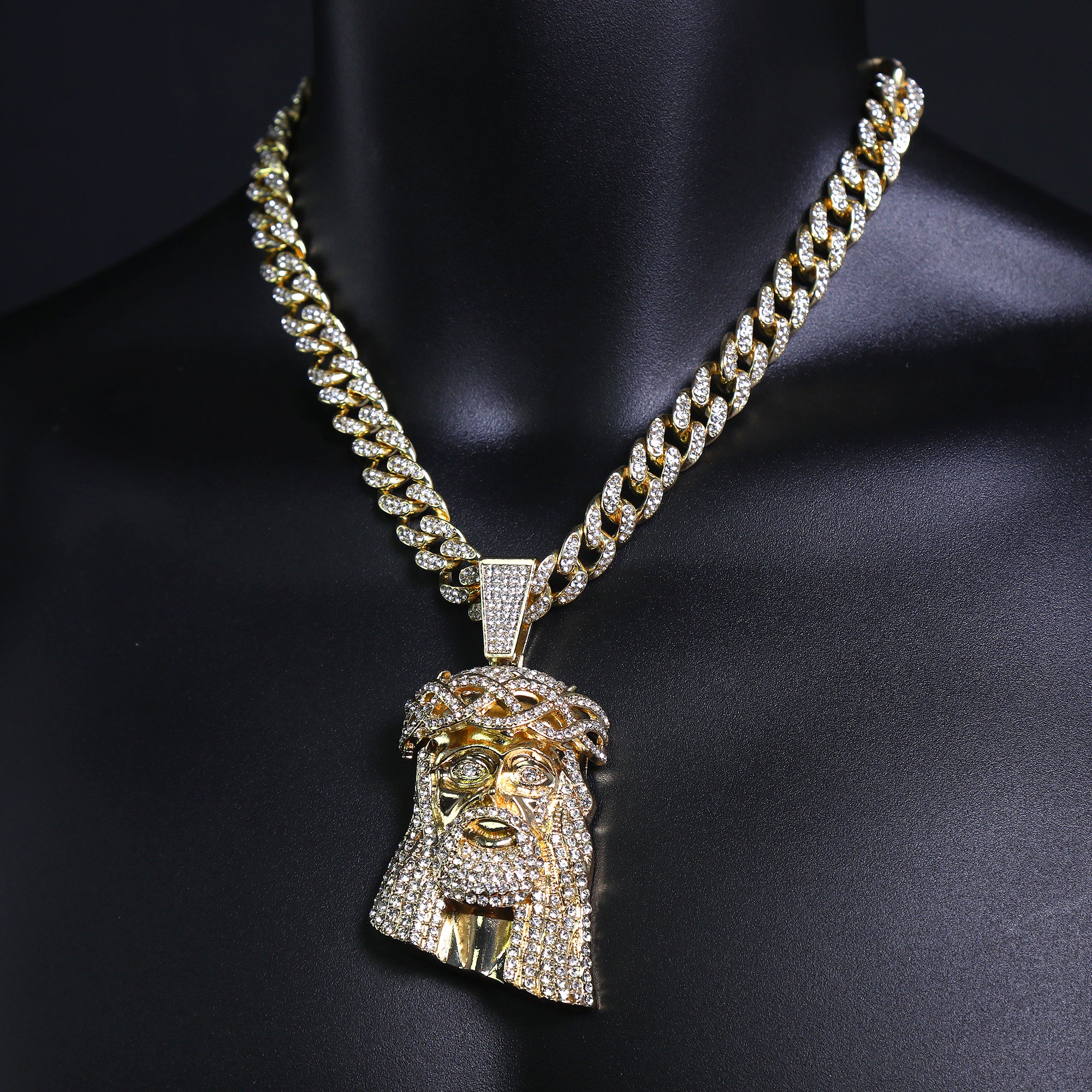 Tear Jesus Face Pendant & Iced Cuban Chain – Hip Hop CZ Necklace 18"-24"