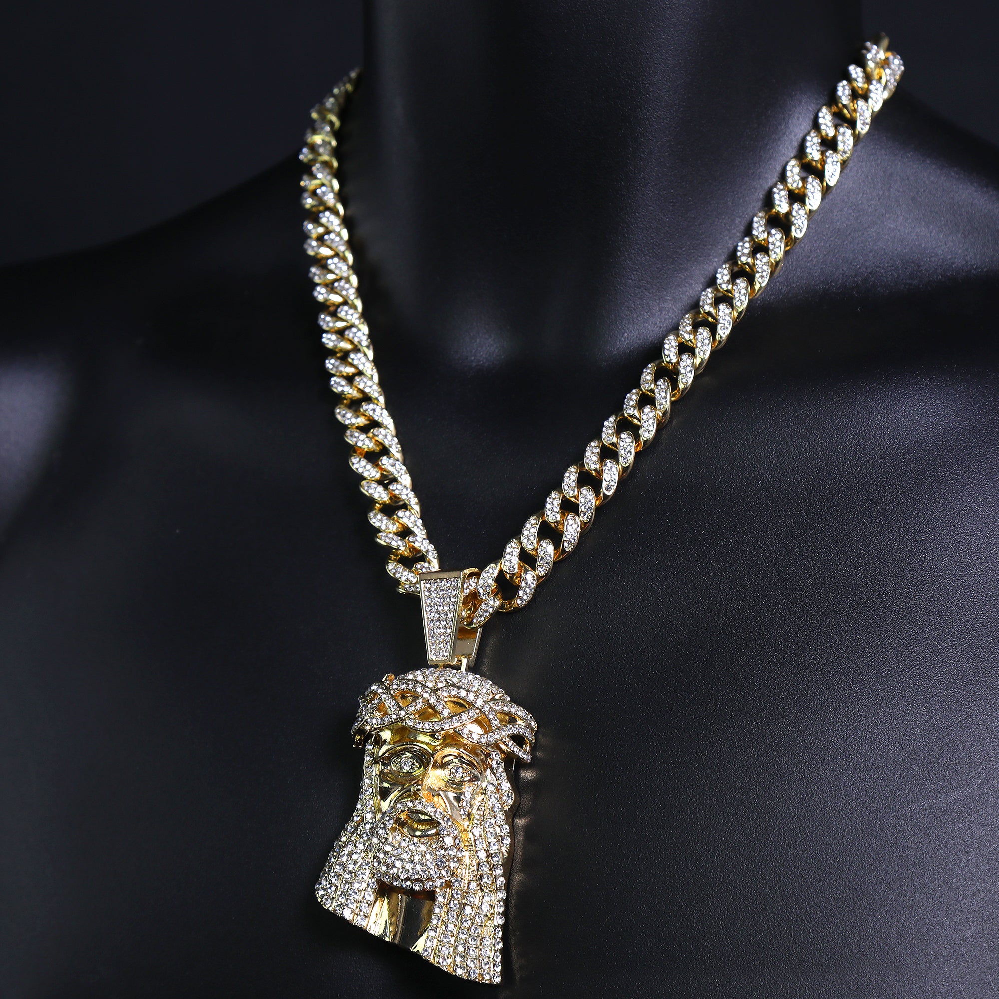 Tear Jesus Face Pendant & Iced Cuban Chain – Hip Hop CZ Necklace 18"-24"