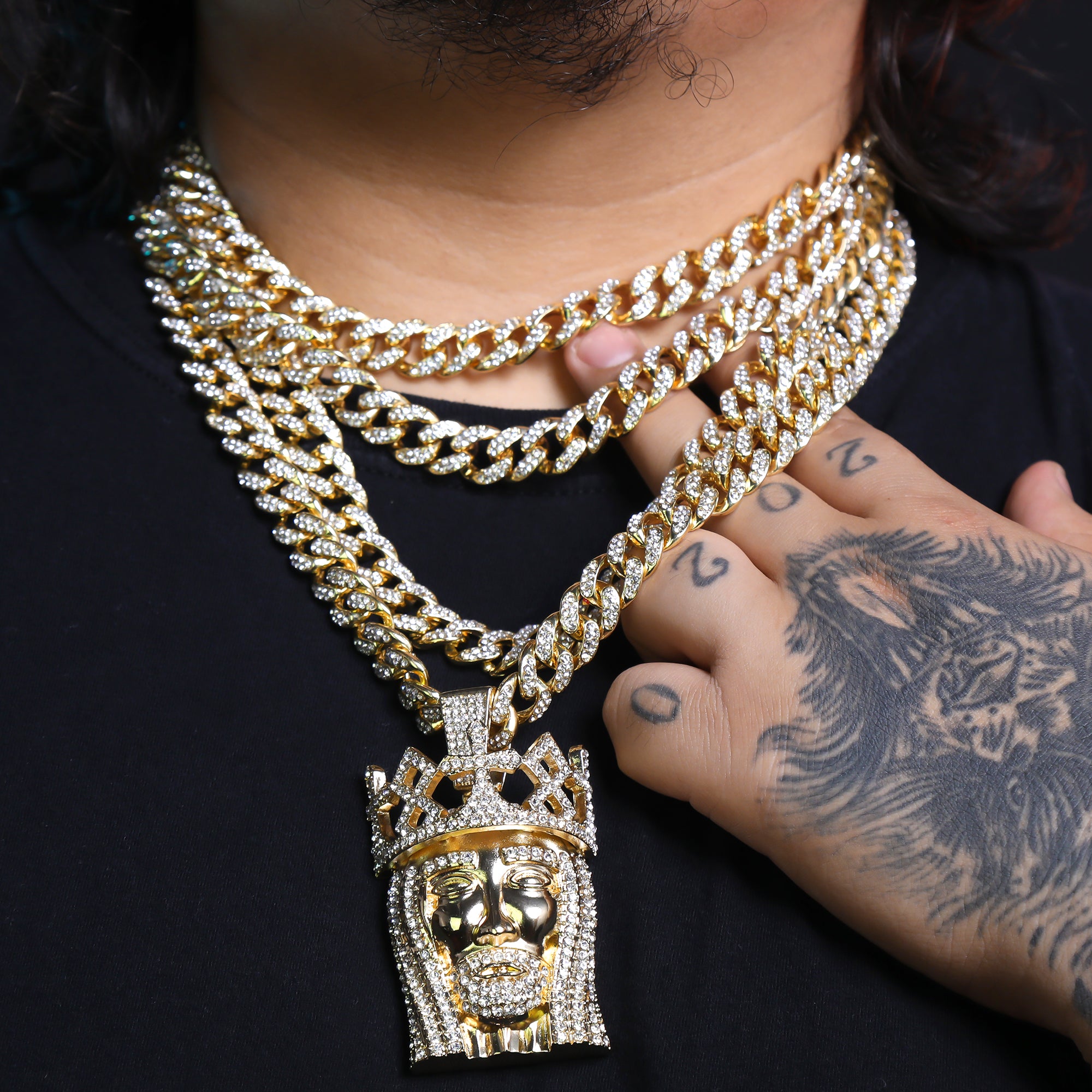 Royal Crown Jesus Pendant & Iced Cuban Chain – Large Hip Hop Necklace 18"-24"