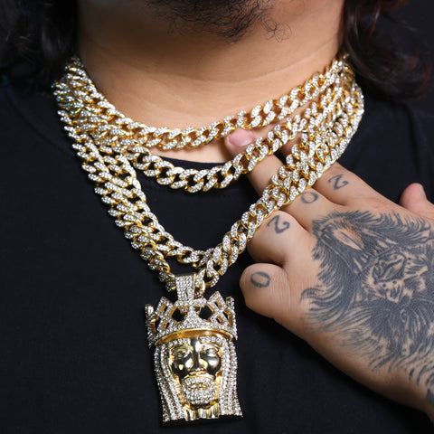 Royal Crown Jesus Pendant & Iced Cuban Chain – Large Hip Hop Necklace 18"-24"