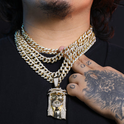 Thorn Crowned Jesus Pendant & Iced Cuban Chain – Hip Hop Bling Necklace 18"-24"