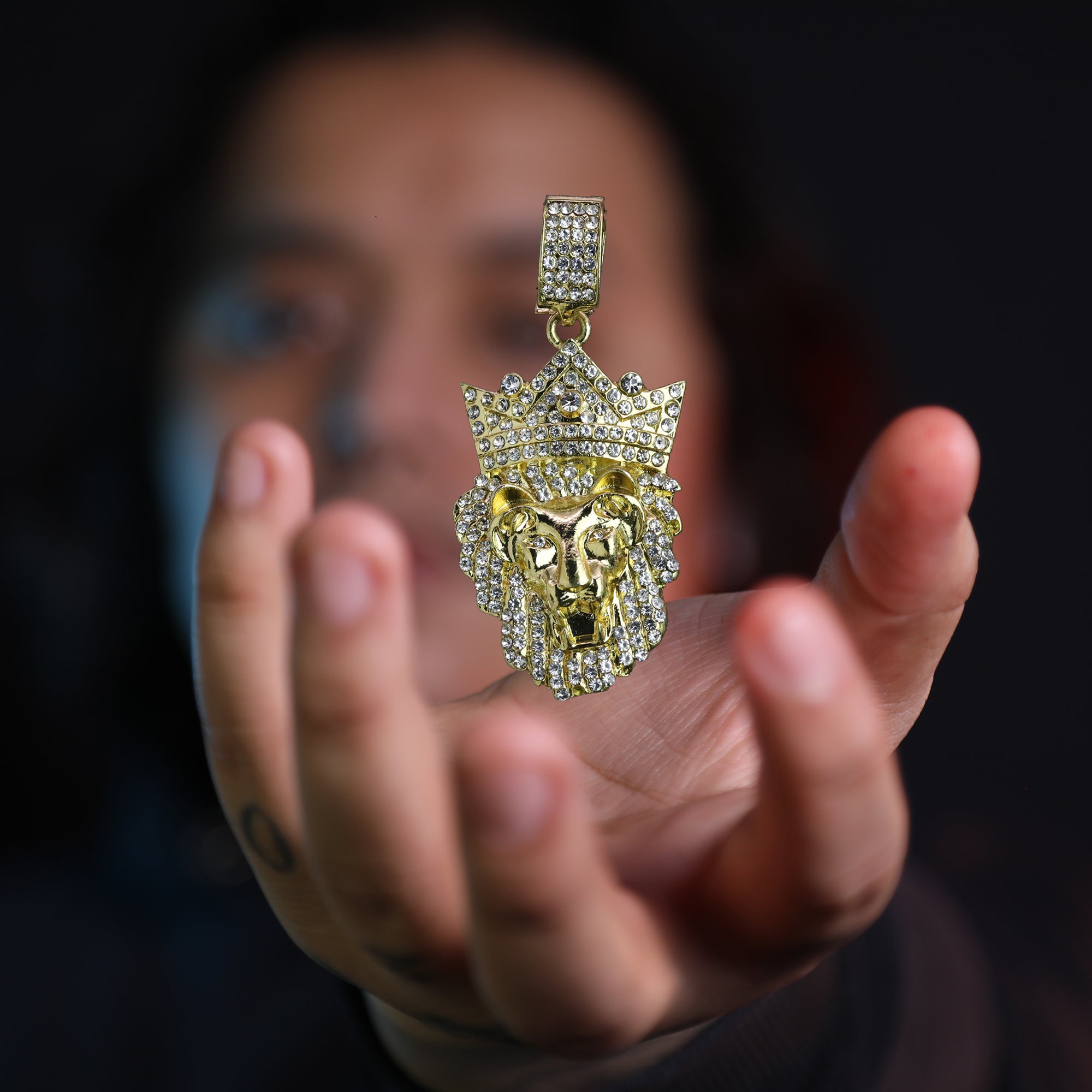 Iced Crown Lion Head Pendant Only Jewelry Hip Hop Style 18k Gold Plated