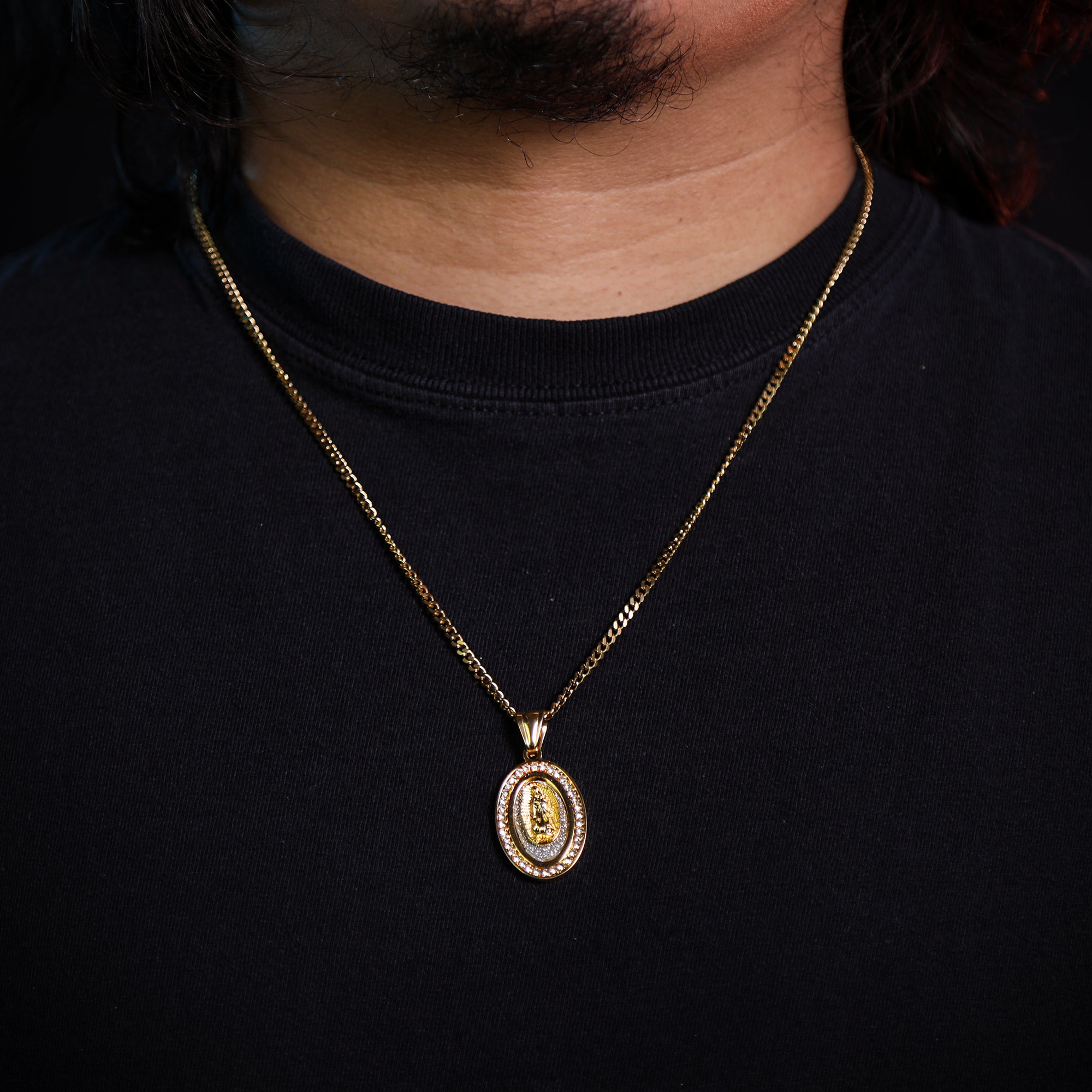 Oval Virgin Guadalupe Pendant 24" Cuban Chain Hip Hop Style 18k Gold Stainless Steel