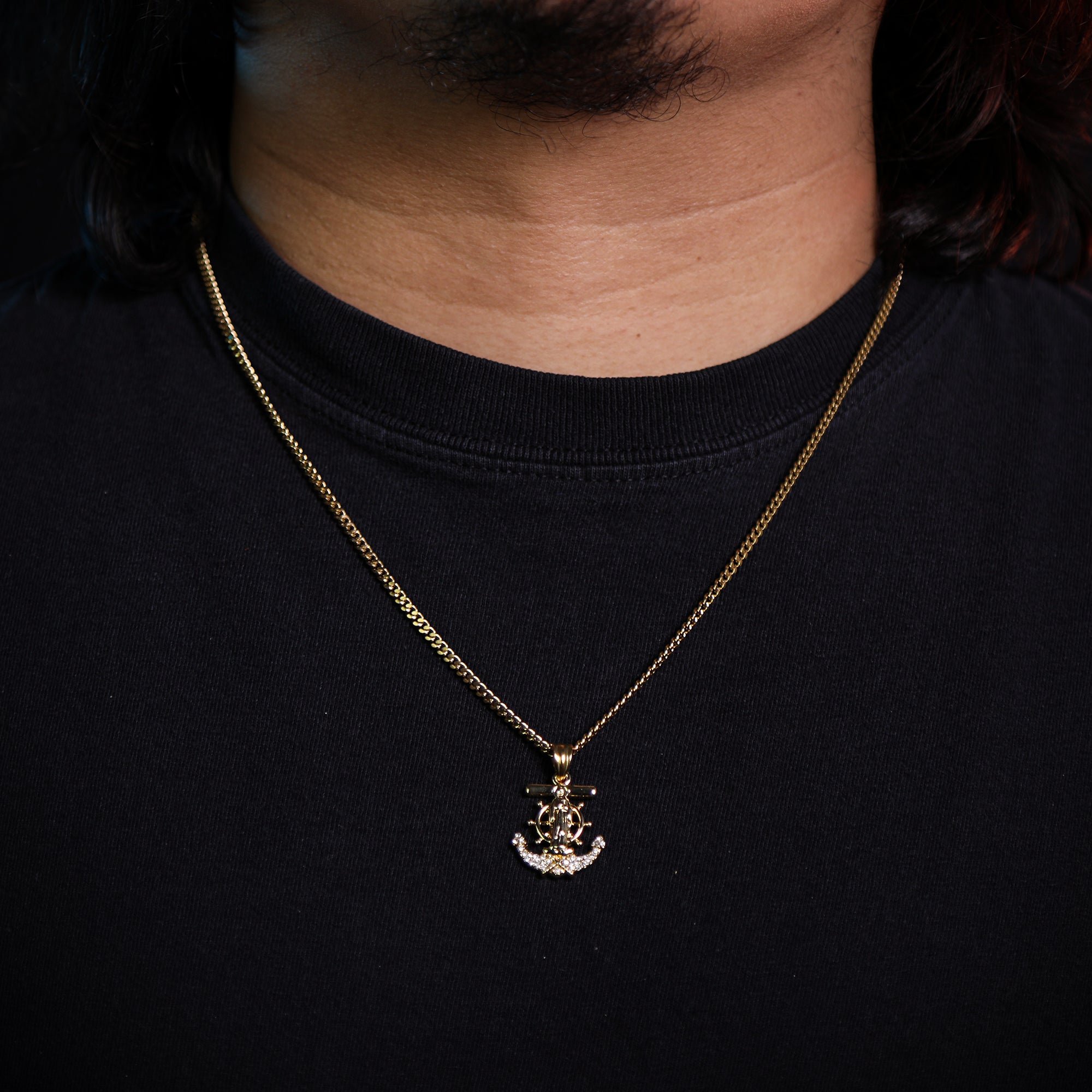 Anchor Mary Virgin Pendant 24" Cuban Chain Hip Hop Style 18k Gold Stainless Steel