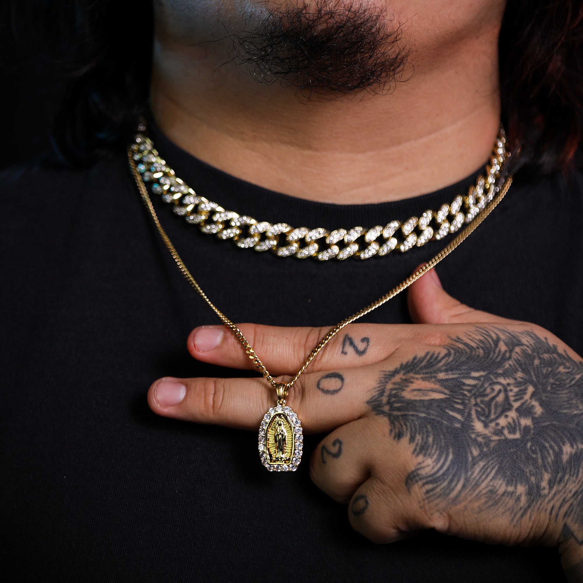 Icy Guadalupe Pendant 24" Cuban Chain Hip Hop Style 18k Gold Stainless Steel