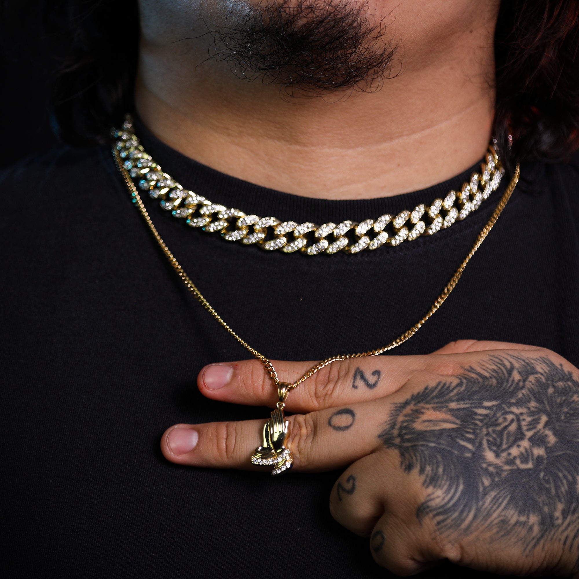 Praying Hands Pendant 24" Cuban Chain Hip Hop Style 18k Gold Stainless Steel