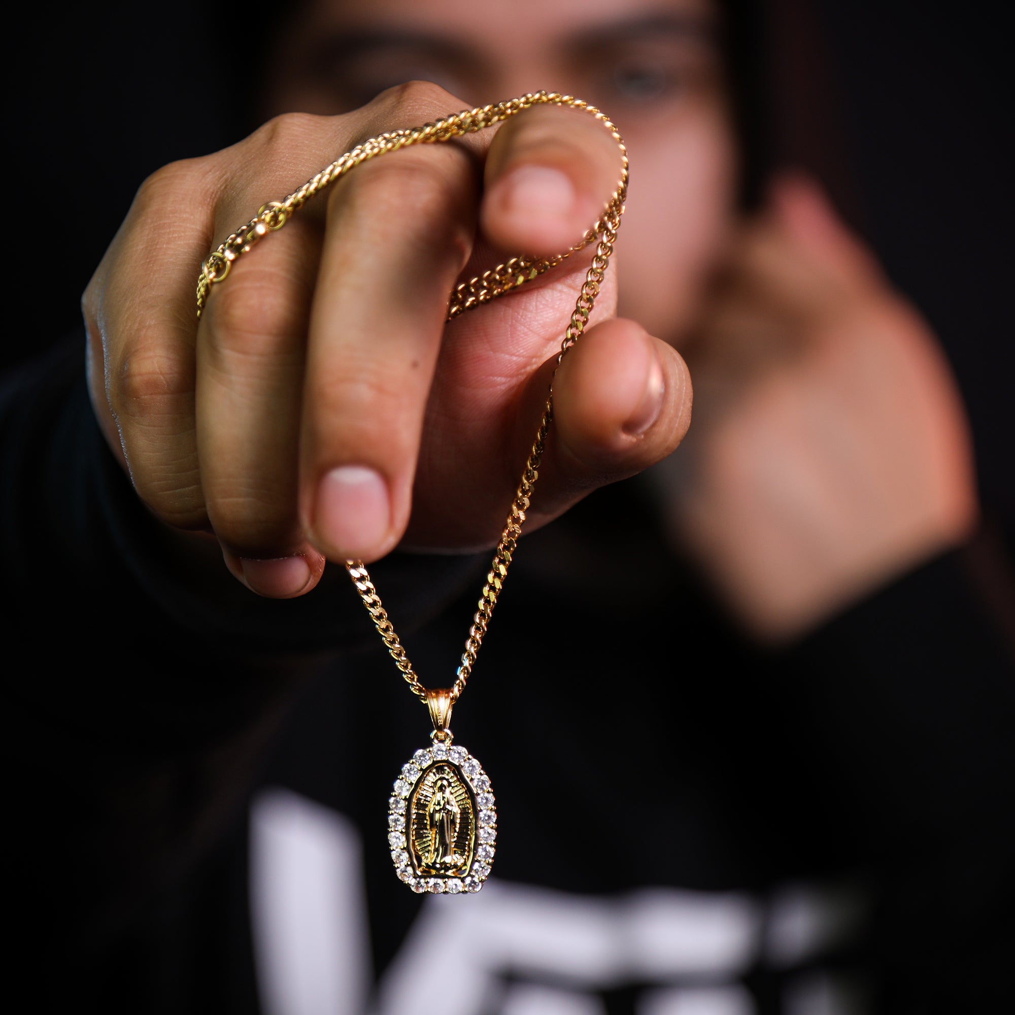 Icy Guadalupe Pendant 24" Cuban Chain Hip Hop Style 18k Gold Stainless Steel