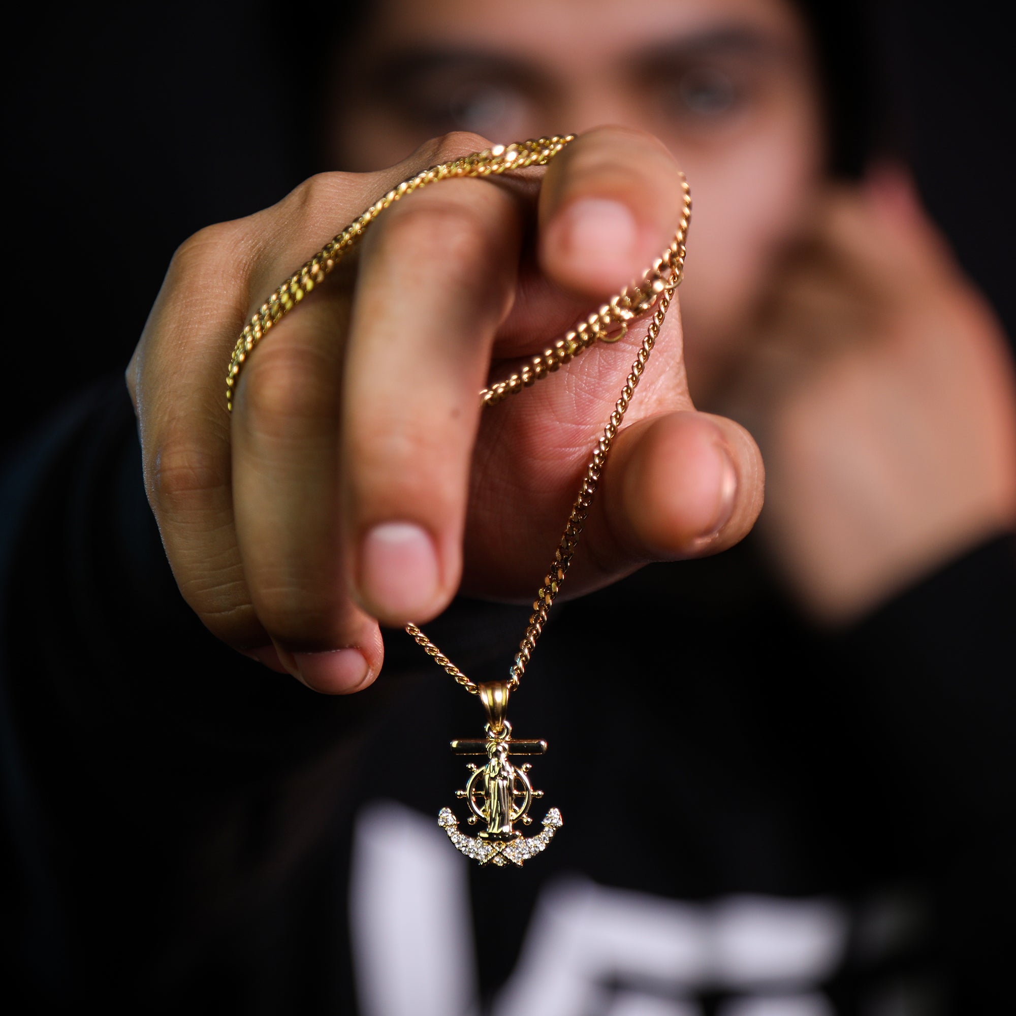Anchor Mary Virgin Pendant 24" Cuban Chain Hip Hop Style 18k Gold Stainless Steel
