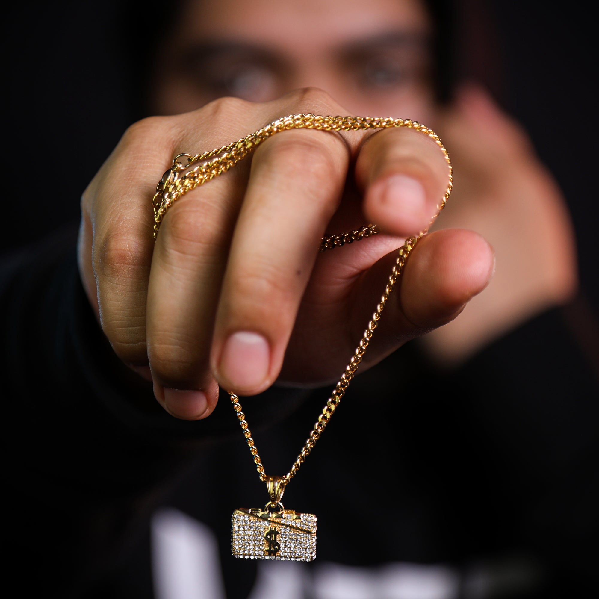 Icy Suitcase Money Sign Pendant 24" Cuban Chain Hip Hop Style 18k Gold Stainless Steel