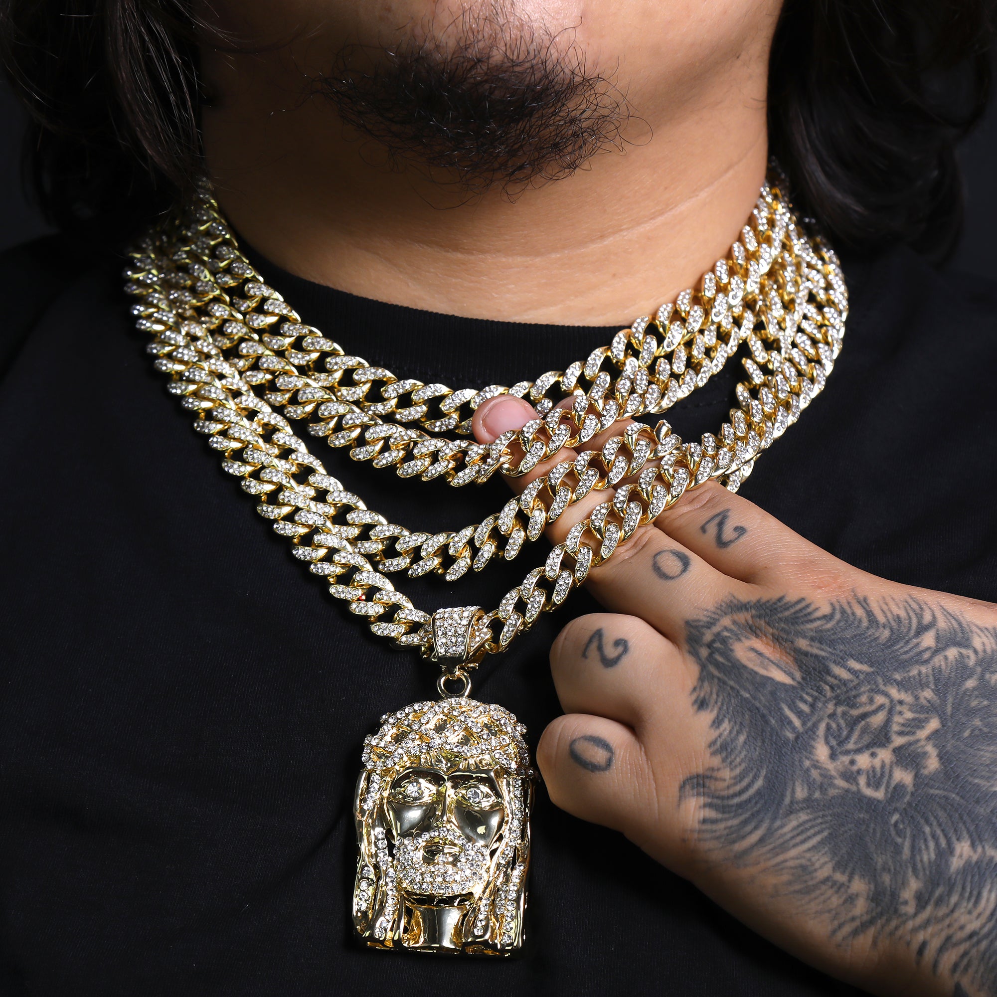 Crown Bearded Jesus Pendant & Iced Cuban CZ Chain Necklace – Hip Hop Jewelry for Men – 18"-24" – Perfect for Daily Wear and Special Occasions