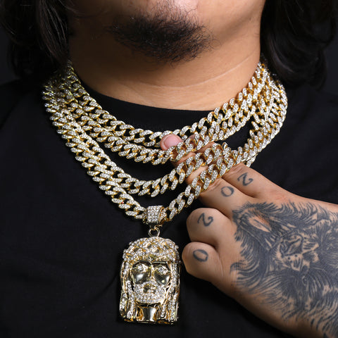 Crown Bearded Jesus Pendant & Iced Cuban CZ Chain Necklace – Hip Hop Jewelry for Men – 18"-24" – Perfect for Daily Wear and Special Occasions