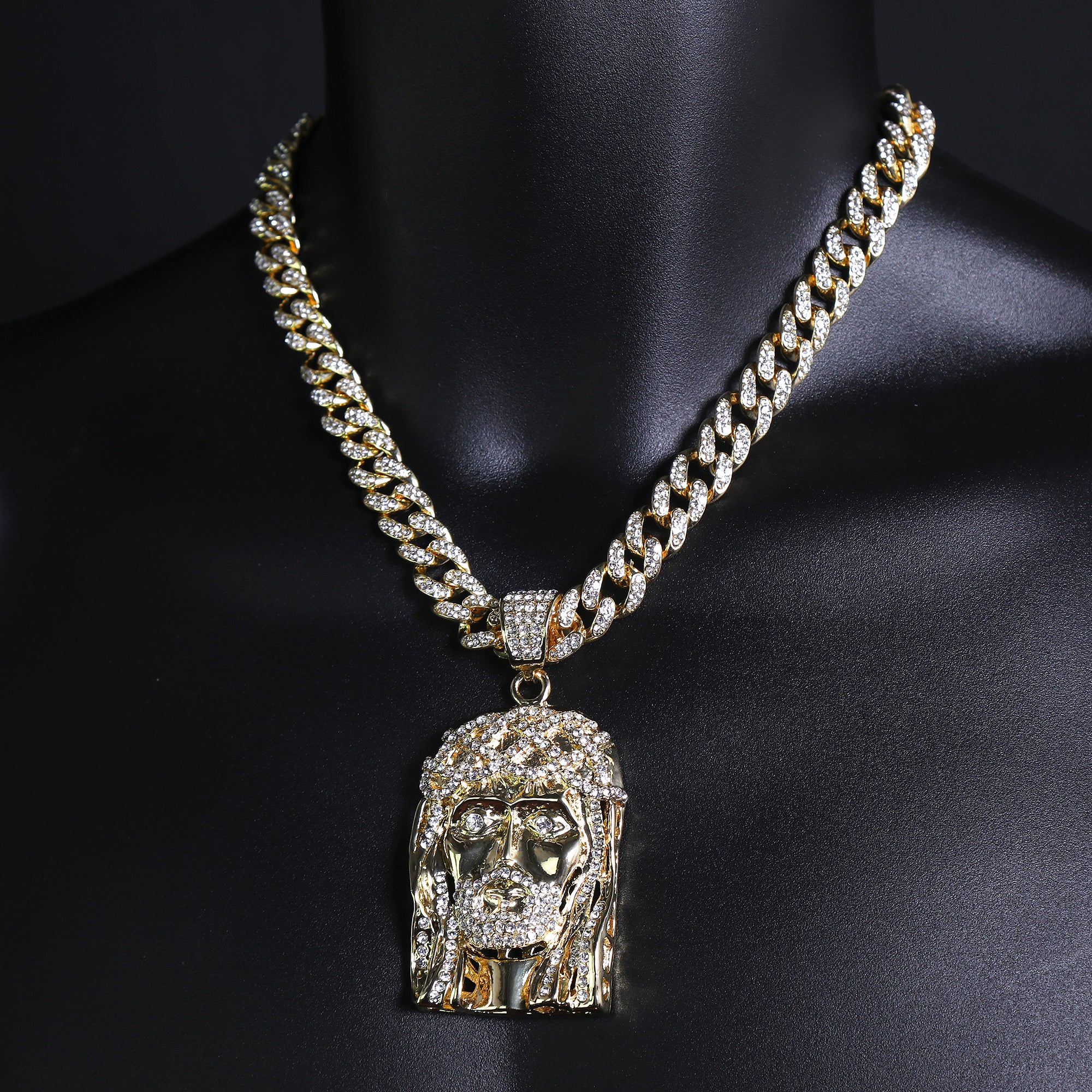 Crown Bearded Jesus Pendant & Iced Cuban CZ Chain Necklace – Hip Hop Jewelry for Men – 18"-24" – Perfect for Daily Wear and Special Occasions