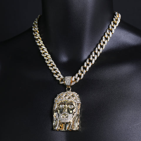 Crown Bearded Jesus Pendant & Iced Cuban CZ Chain Necklace – Hip Hop Jewelry for Men – 18"-24" – Perfect for Daily Wear and Special Occasions