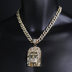 Crown Bearded Jesus Pendant & Iced Cuban CZ Chain Necklace – Hip Hop Jewelry for Men – 18"-24" – Perfect for Daily Wear and Special Occasions