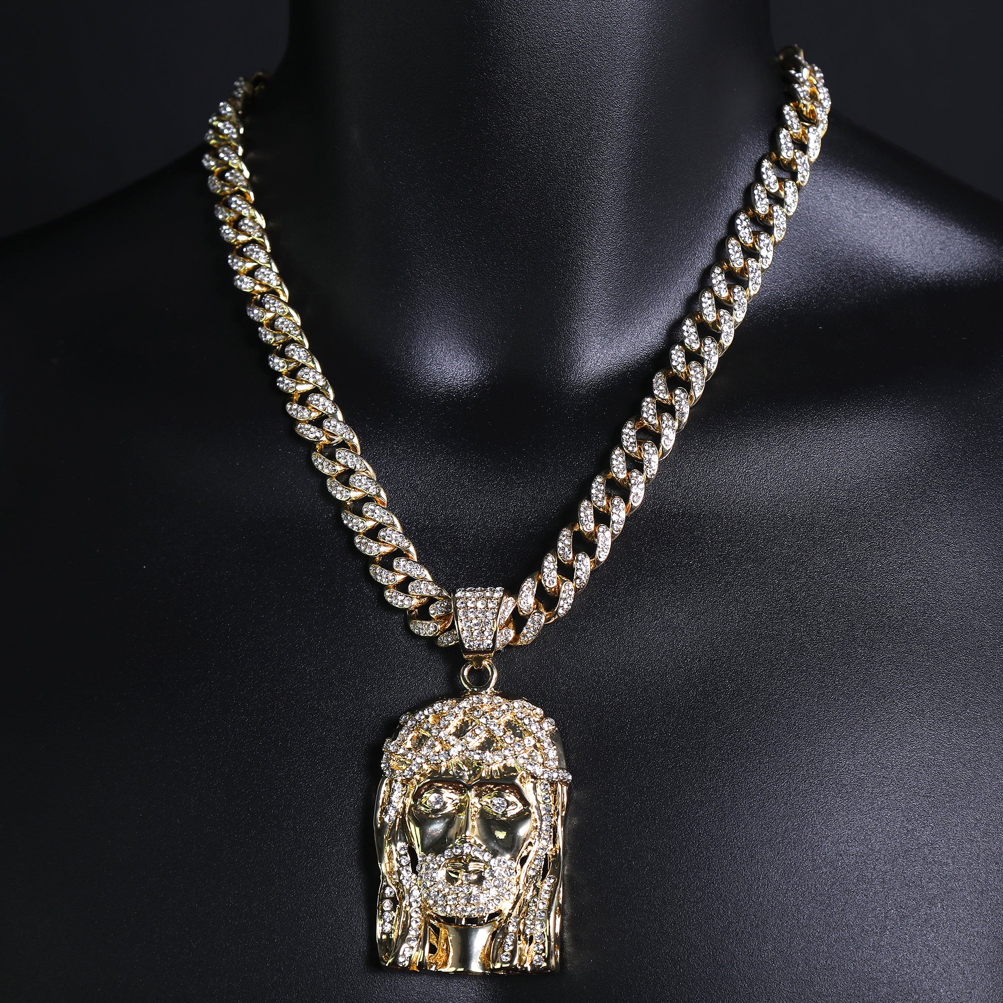 Crown Bearded Jesus Pendant & Iced Cuban CZ Chain Necklace – Hip Hop Jewelry for Men – 18"-24" – Perfect for Daily Wear and Special Occasions