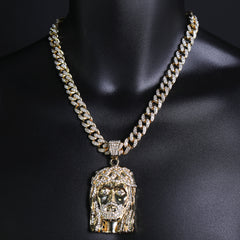 Crown Bearded Jesus Pendant & Iced Cuban CZ Chain Necklace – Hip Hop Jewelry for Men – 18"-24" – Perfect for Daily Wear and Special Occasions
