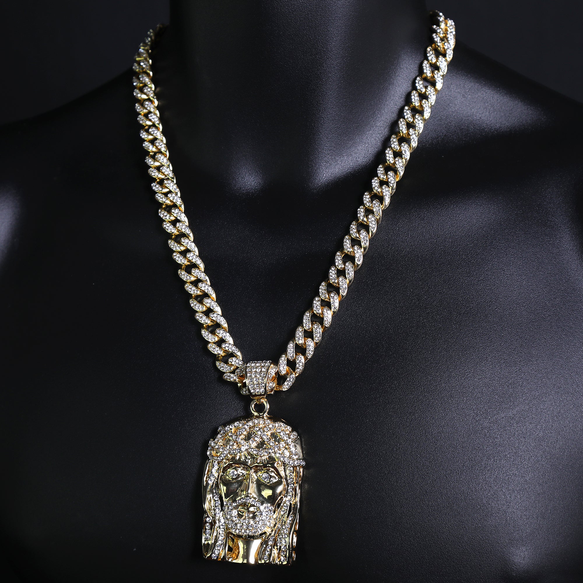 Crown Bearded Jesus Pendant & Iced Cuban CZ Chain Necklace – Hip Hop Jewelry for Men – 18"-24" – Perfect for Daily Wear and Special Occasions